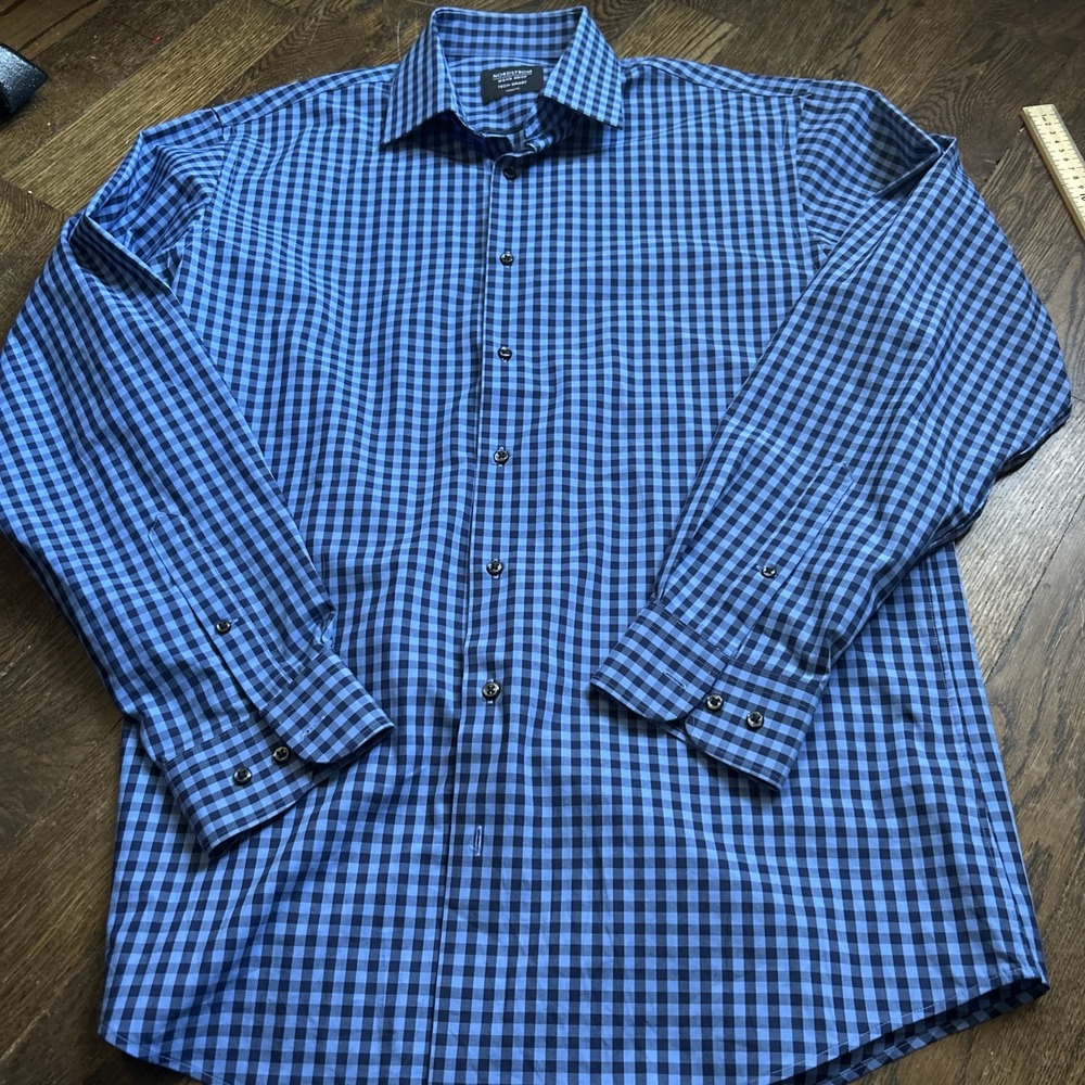Nordstrom Tech‎ Smart Mens Shirt 15.5 34/35 Blue Check Cotton Button Up Casual